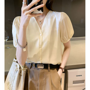 Womens Short Sleeve White Shirt V-neck Bubble Sleeve Loose Versatile Simple Match Korean Style Commute Pure Color Button Detail