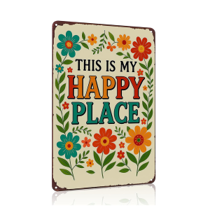 Retro "This Is My Happy Place" Metal Tin Sign Colorful Flower Decorative Plaque Weatherproof Outdoor Garden Home Wall Art