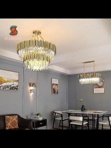 Postmodern Golden Art Deco Stainless Steel Crystal Chandelier Lighting Luster Suspended Lamps Marble For Dining Room Lamps Tricolor With APP/Remote