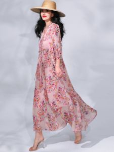 Elegant Floral Print Maxi Dress Chiffon Skirt Hem Beach Vacation Coastline Large Swaying Long Dress Slimming High-End Feeling