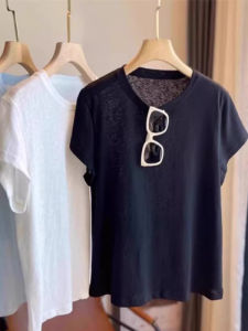 BINKAFENNY | Áo Thun Tay Ngắn Vải Lin Đen Giấu Dáng