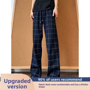 Blue Plaid Breathable Mens Pants Loose Flare Tapered Leg