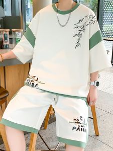 ROMON | Lomond Mens Casual Sports Set Summer Thin Ice Silk Loose New Chinese Style Trendy Two-Piece Suit Polyester Fiber Short Sleeve Shorts