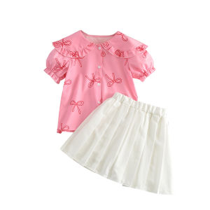 Menoea 2-7Years Girls Summer New Outfits Korean Version Bow Printed Bubble Sleeve Top+Solid Color Pleated Skirt Two Piece Set Children Sweet Cute Casual Wear