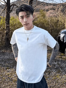 Pure White Cool Sensation Shoulder T-Shirt Mens American Small Collar High-End Heavyweight Short Sleeve CleanFit Top