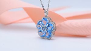 Geniune Blue Topaz Pendant Natural Gemstone Flower Silver 925 Original Design Classic Elegant Korean Style Fine Jewelry Gifts for Women