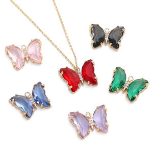 18K Gold Plated Brass Butterfly Charm Pendant with Zircon Crystal Stone for Earring Necklace Jewelry Making 15x20mm
