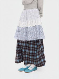 JNXS | Vintage Checked Blue Lace Panel Long Skirt
