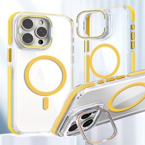 KISSCASE Bicolor Clear With Lens Bracket Stand Phone Case For Samaung S24 S23 Ultra Plus Magsafe Wireless Charging Transparent Hard PC Anti-fall Shockproof Back Cover For Samaung S24 S23