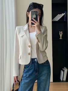 เสื้อสูทสั้นทรงหลวมสำหรับผู้หญิง สีบรอนซ์เทา ทรงหลวม แขนยาว ปกติ คอกลม เสื้อสูทสไตล์ย้อนยุค ฤดูใบไม้ผลิและฤดูใบไม้ร่วง