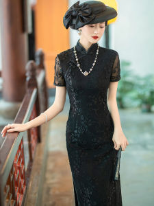 Elegant Long Black Qipao Dress Slimming Velvet Planting New Style 2025 Spring plus Size Simple Retro Chinese New Version