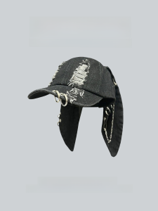 หมวกเบสบอลหูกระต่ายพังก์สีเข้ม เดนิม เจาะรู ฮิปฮอป โซ่ สไตล์ลำลอง สําหรับผู้ชายและผู้หญิง อินเทรนด์ เครื่องประดับแฟชั่นเยาวชน