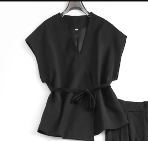 Màu Đen Có Dây Thắt Lưng Ôm Vừa Vặn Cổ Chữ V Áo Sơ Mi Ngắn Tay Phong Cách Hepburn Ống Rộng Quần Nữ Bộ Đồ Hai Mảnh Thời Trang S040