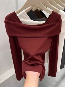 Ankela Red One-Shoulder Long Sleeve Womens T-shirt Korean Style Commute Fashion Autumn High-End Big Brand Top