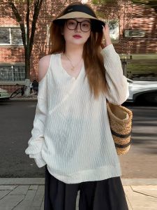 Áo Thun Dài Tay Cổ Chữ V Hở Vai Mỏng Chống Nắng Cỡ Lớn Mùa Hè Mới Rộng Rãi Thoải Mái Thường Ngày Cho Nữ