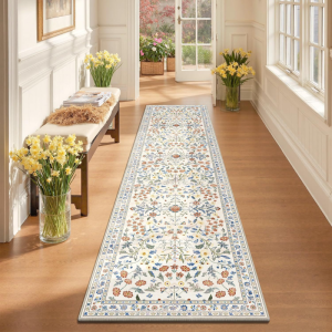 VIKAMA Vintage Persian Floral Runner Carpet Entrance Hall Non-Slip Mat Easy to Clean Kitchen Bedroom Rug Home Decoration