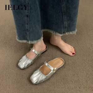 IELGY Silver-toned Flat Toe Semi-slippers for Women in Summer Mary Jane Muller Leather