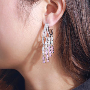 SEQUITO Personality Women Jewelry White Gold Plated Pave Setting White Pink AAA Cubic Zirconia Exquisite Three Round Tassel Long Drop Earrings for Prom Party SE757
