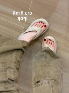 รองเท้าแตะส้นหนาสีกรมท่าสำหรับผู้หญิง รองเท้าแตะชายหาดฤดูร้อน 2025 ใหม่ ส้นสูงเพิ่มขึ้น กันลื่น กันกลิ่น รองเท้าแตะแบบสวมสบาย