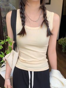 เสื้อกั๊กผ้าฝ้ายแท้สไตล์ฤดูใบไม้ผลิและฤดูร้อนสำหรับผู้หญิง ทรงเข้ารูป เซ็กซี่ ชั้นใน ชุดชั้นใน คอวี สั้น ด้านหลัง แขนสั้น