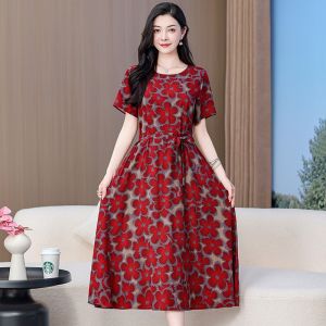 Elegant Floral Cotton Linen Summer Dress Thin Loose Fit Mommy Style Long Skirt for plus Size Women Casual Commute Wear