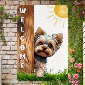 CIFbuy | 1pc Yorkshire Terrier Puppy Welcome Sign Metal Plaque Rustic Dog House Decor with Wood Fence Design for Front Door
