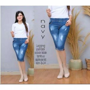Celana jeans pendek wanita 7 8 Stretch Melar Celana Pendek Wanita Pinggang Full Karet Terbaru Kekinian