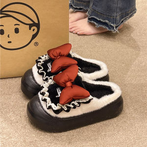 Waterproof Cotton Slippers Womens Autumn and Winter Indoor and Outdoor Sweet Bows Thick Sole Non-Slip plus Velvet Thermal Home Wear Slippers
