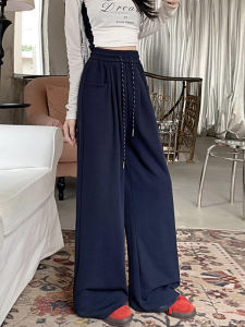 American Track Sweatpants Children Spring & Fall 2024 New Arrival Navy Blue High Waist Loose Drooping Casual Straight-Leg Loose Pants