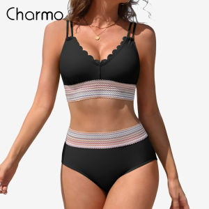 Charmo Womens Scalloped Bikini Sets High Waisted Two Piece Swimsuits Sporty Color Block High Cut Bathing Suit