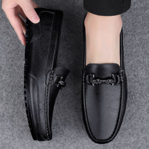 Genuine Leather Mens Slip-On Driving Shoes Comfortable Soft Bottom Casual Loafers Fashionable round Toe Flat Heel Rubber Sole