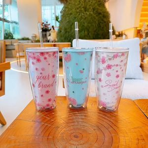 Ly nhựa 2 lớp hoa anh đào Cherry Blosom HAP509 Dung tích 750ml Kèm ống hút Màu Hồng- Đỏ - Xanh