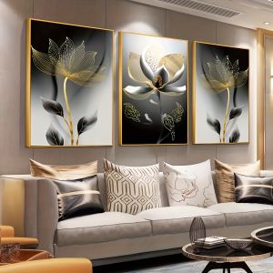 3pcs Modern Luxury Oversized Floral Art Canvas Prints - Unframed Golden & Black Lotus Flower Design for Living Room Decor Eleg