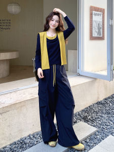 Olive Green Korean Style Casual Sports Womens Set Shirt Shoulder Wrap Wide Leg Pants Two Piece Suit Autumn New Arrival