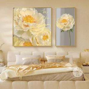 Modern Minimalist Style Peony Floral Decorative Painting Creamy Style Bedroom Wall Art Restaurant Dining Area Decorative Print
