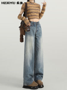 American Retro Blue Slim Straight Leg Jeans Womens High Waist Slimming Small Size Wide Leg Pants 2025 New Style Cotton Denim