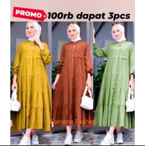 IXORA - Midi Dress Full Kancing Bahan Rayon Twill Premium Dres Long Tunik Model Rampel Susun Busui