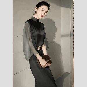 Elegant Black Shirt Skirt Set Womens High Waist Straight Cut Long Sleeve Commute Fashion Autumn Outfit for Important Occasions