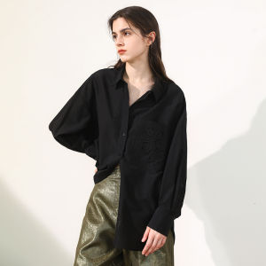 Miccbeirn | Elegant Long Sleeve Silk Cotton Embroidered Polo Neck Shirt Hollow Out Design Commute Versatile Simple Drapey Womens Blouse