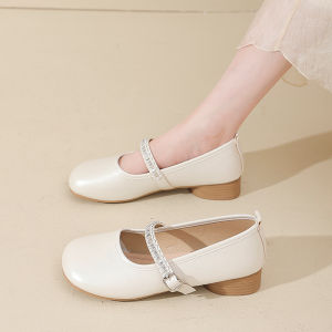 รองเท้าส้นหนา Mary Janes สไตล์ฝรั่งเศส สำหรับผู้หญิง ฤดูใบไม้ผลิและฤดูร้อน พื้นรองเท้า PU ส้นกลาง สวมใส่สบาย รองเท้าส้นแบนแบบสวมสบาย