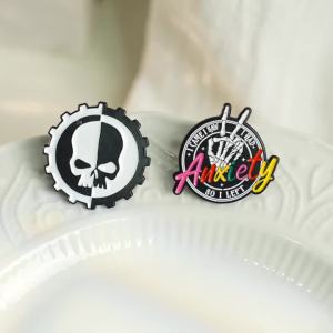 Anxiety Funny Antisocial Enamel Pins Skeleton Hand Skull Brooches Lapel Badges Punk Mental Health Jewelry Gift for Friends