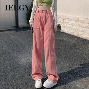 Ielgy Jeans Phụ Nữ Ba Retro Dụng Cụ Màu Hồng Thiết Kế Treo Lên Thẳng Chân Quần