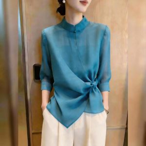 KUNAILIN | Professional Commuter Style Blue Mandarin Collar Tied Waist Blouse