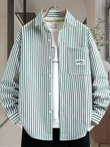 Áo Sơ Mi Nam Tay Dài Màu Xanh Sọc Cotton Nguyên Chất Dáng Rộng Thường Ngày Mùa Thu 2025 Áo Khoác Ngoài Cho Thanh Thiếu Niên