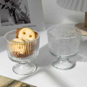 แก้วของหวานทรงสูงทรงสูงลายฮอร์นฮอร์นแก้วแบบนูนแนววินเทจแก้วไอศกรีมถ้วยโยเกิร์ตผลไม้ใช้ในบ้าน