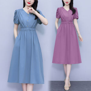 ชุดเดรสสั้นคอวีเสื้อเอวสูงแขนพองสำหรับผู้หญิงขนาดพิเศษแฟชั่นที่หรูหรา