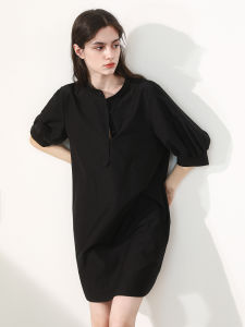 Miccbeirn | Silk Cotton Simple Vintage Stand Collar Shirt Dress With Bubble Sleeves Sweet Small Size Mid Length Dress By Miccbeirn