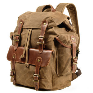 Men’s 16 Inch Waxed‑Canvas Backpack Leather Buckle Straps Drawstring Top Large‑Capacity Vintage Outdoor Travel Laptop Bag