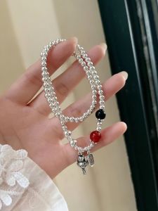 Double Layer Handmade S925 Pure Silver Bracelet Womens Vintage Design Lucky Charm Birthdays Gift round Beads Wristband Jewelry
