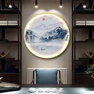 New Chinese Style Entrance Painting round Lamp Painting Restaurant Tea Room Background Wall Landscape Hanging Painting Study Aisle Wall Lamp Painting